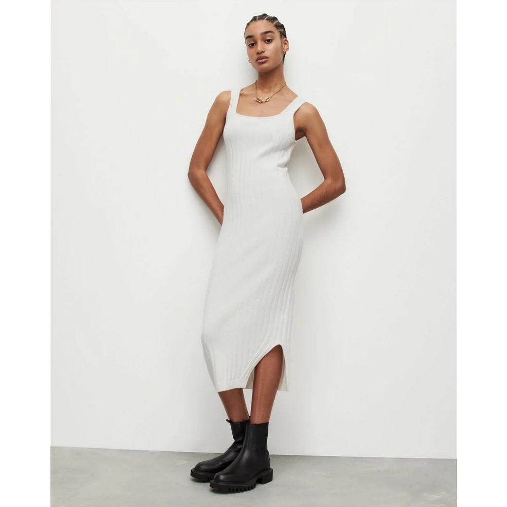ALL SAINTS Margot Alpaca Blend Bodycon Midi Dress in Chalk White XS